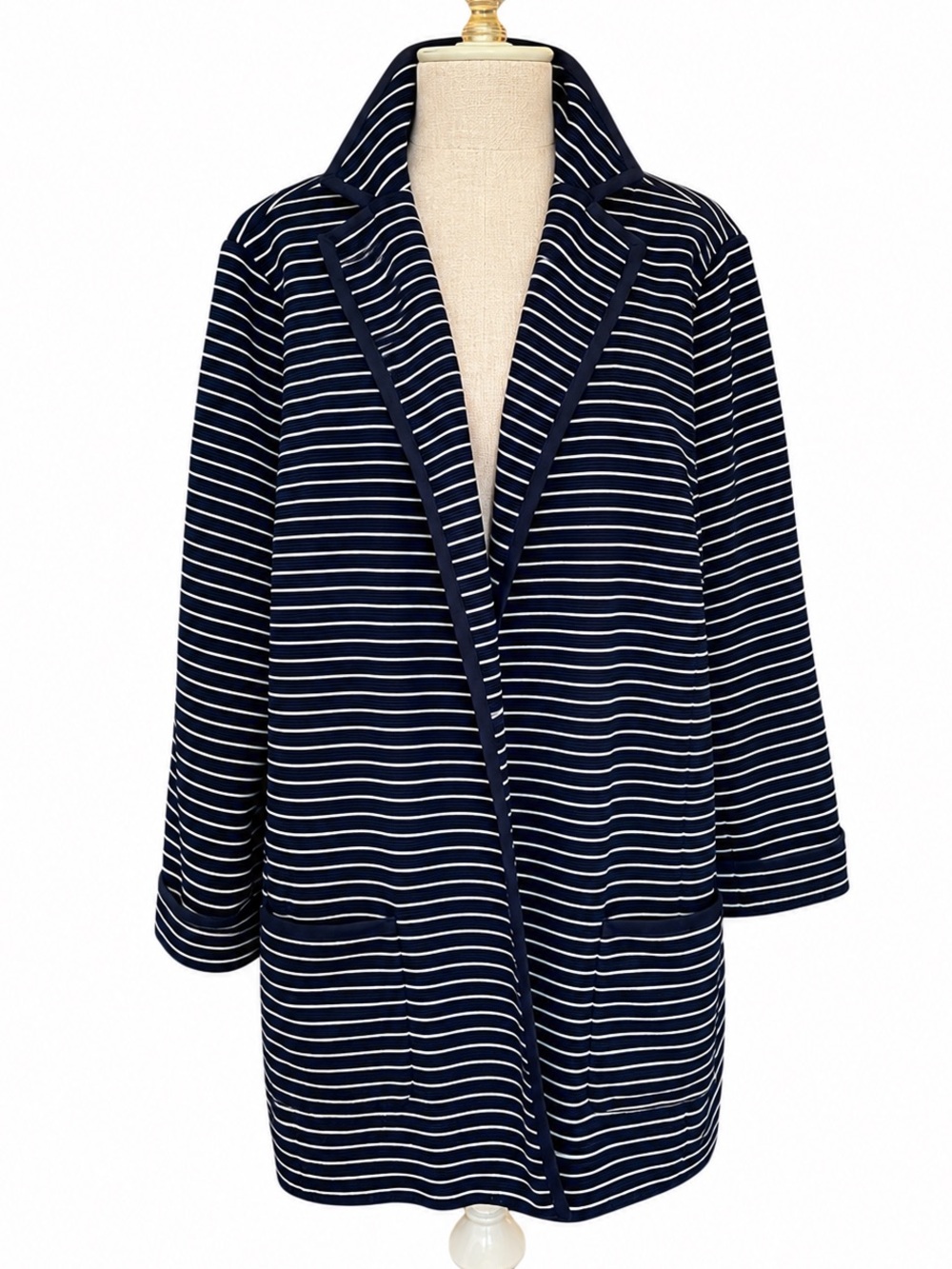 Talbots Plus 2X Navy White Stripe Knit Blazer Jacket Lined Open Front